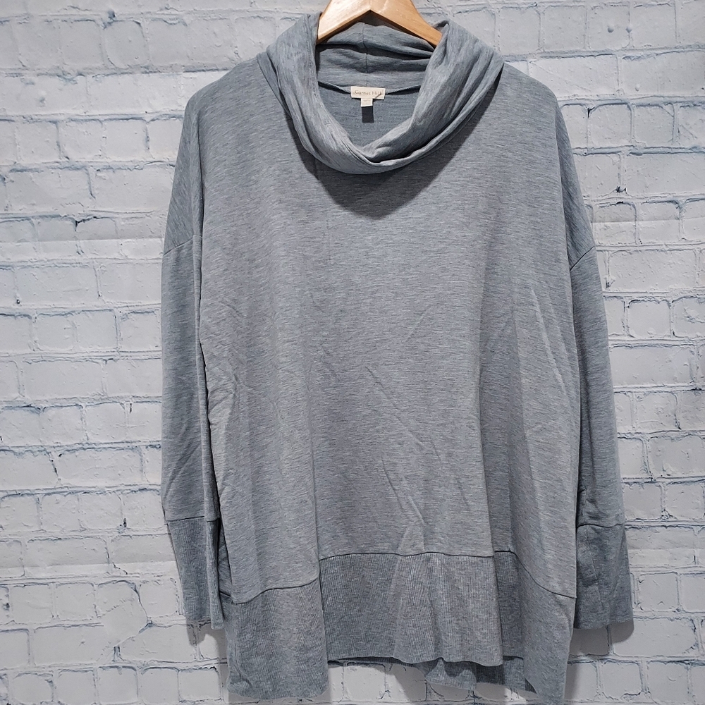 Garnet Hill L Pullover Sweater Top Relaxed Cowl Neck Lagenlook Boho Gray Minimal